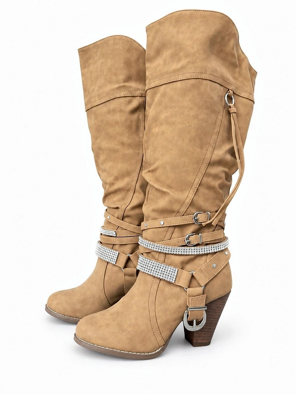 Not Rated Stacey Tall Tan Slouch Harness Heeled Boots with Rhinestones